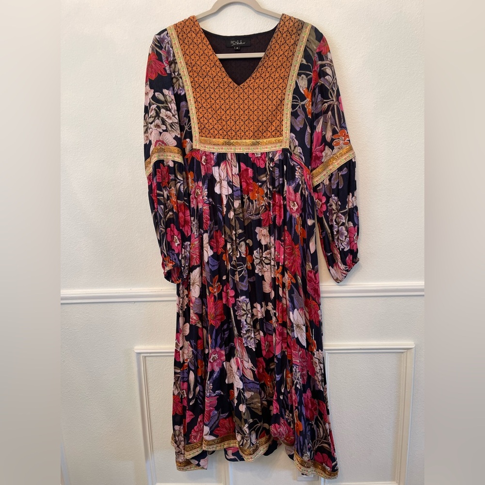Anthro RD + KoKo Floral Long Sleeve Dress with Gold Trim